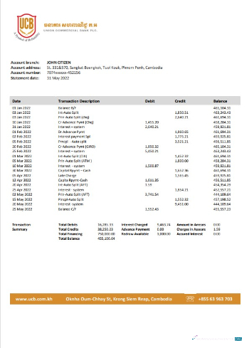 Download Cambodia Union Commercial bank statement word